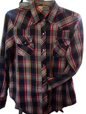 VTG 1960s Wm Size Small 38 Blue Plaid Western L/S Pearl Snap Button Down Shirt