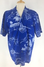 Royal Creations USA made Mans XL Blue Rayon Hawaiian Shirt Map of Hawaii Palms