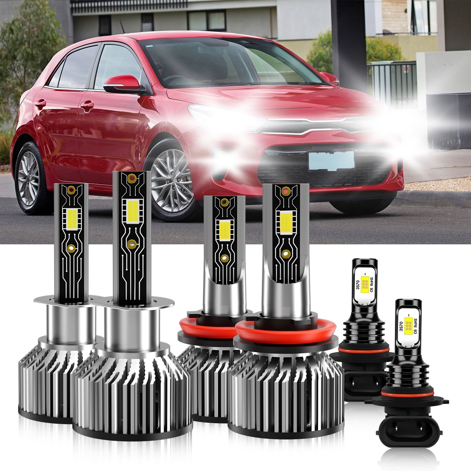 6Pcs LED Headlight + Fog Light Bulbs Combo 6500K white For Kia Rio 2012-2017