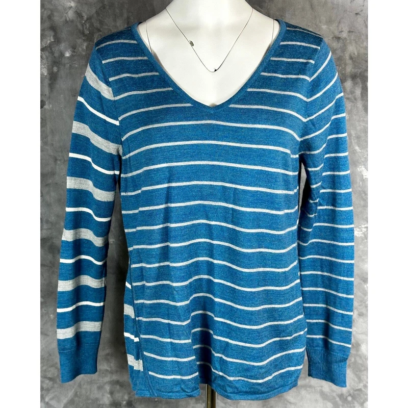 smartwool blue & white stripe wool blend v neck sweater