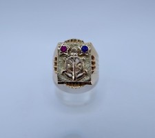 Herrenring 14K Gelbgold Anker Steuerrad Rubin...