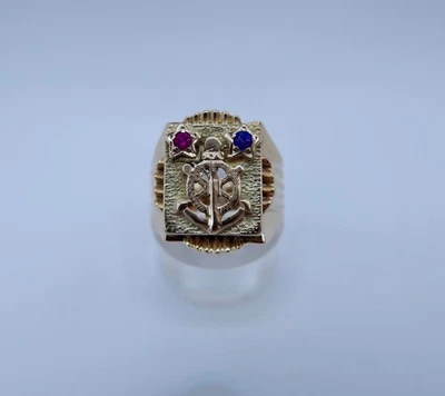 Herrenring 14K Gelbgold Anker Steuerrad Rubin Saphir Nautisch Gr.61 Seefahrt 585 - Bild 1 von 4
