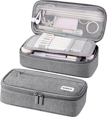 WEMATE Large Pencil Case, Pouch with Zipper Compartments, Light Grey 