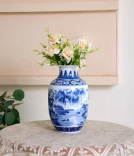 Essenware Blue and White Vintage Vase Chinoiserie Farmhouse Decoration 9.4”
