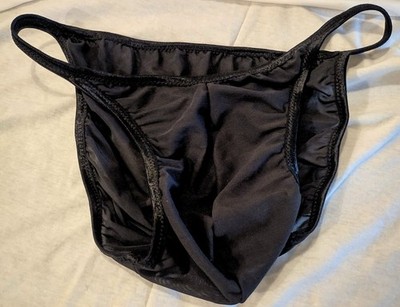 Men's BLACK NYLON Brazilian String Bikini Brief Semi Sheer Big Guy MADE USA #131