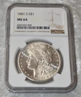1881 S MORGAN 90% SILVER $1 DOLLAR NGC CERTIFIED MS 64 MS64 SAN FRANCISCO MINT