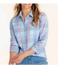 LL Bean Vacationland Seersucker Colorful Plaid Button Up Shirt Small Blue Purple