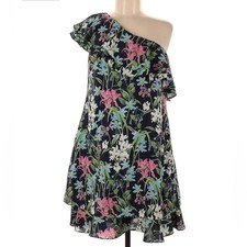 Chelesea28 Dress Womens 8 Blue Floral Print One Shoulder Ruffles Coastal Summer