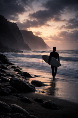 Surfer bei Sonnenaufgang Strand Silhouette Poster Druck gerahmte Leinwand Wandbild