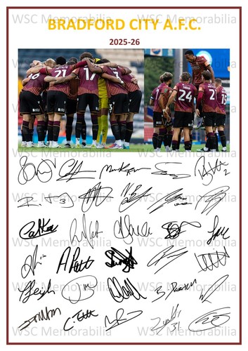9932. 2025-26 Bradford City Signed Team Photo Sheet (PRINTED AUTOGRAPH - A4)