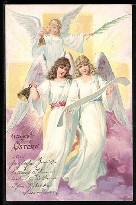 Osterengel mit Glocken über den Wolken, Ansichtskarte 1903 