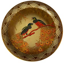 OBO 🦚 Vintage Red & Gold Painted 2 Peacocks Intricate Design Metal Tin Plate 🦚