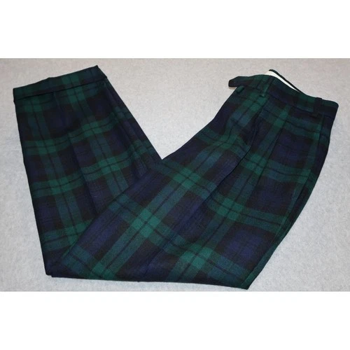 Faconnable Wool Dress Pants Mens 34x31 Green Blue Watch Tartan Plaid Pleated **