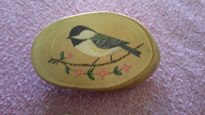 Vintage Hand Painted Wooden Pin Bird on a Branch by Elizabeth W Scheel