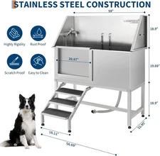 50" Stainless Steel Dog Washing Station Pet Dog Grooming Bathtub w/ Stairs/Ramp