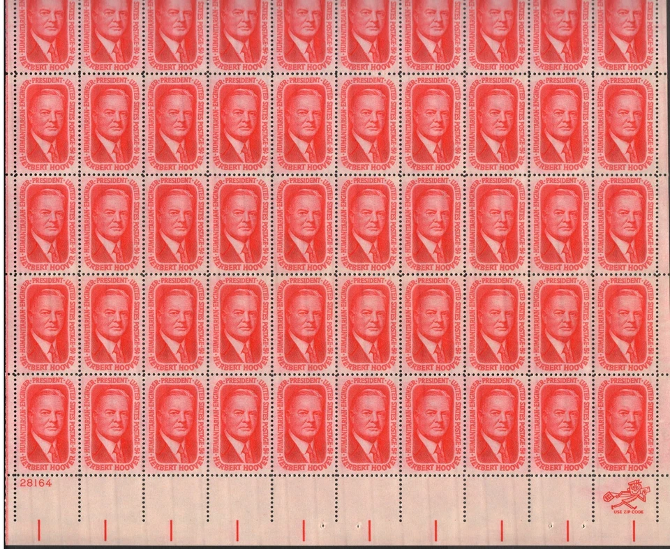 USA #1269 - 1965 Full Sheet of 50 Stamps, Pl 28164 "Herbert Hoover" 5¢ XF MNH - Image 3 of 4