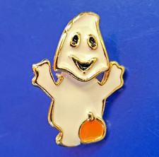 PIN Halloween Vintage GHOST with PUMPKIN Enamel Gold Tone Tac