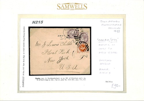 GB Northumberland *Cambo/J72* Duplex Transatlantic Cover 1893 USA {samwells}N215 - Picture 5 of 6