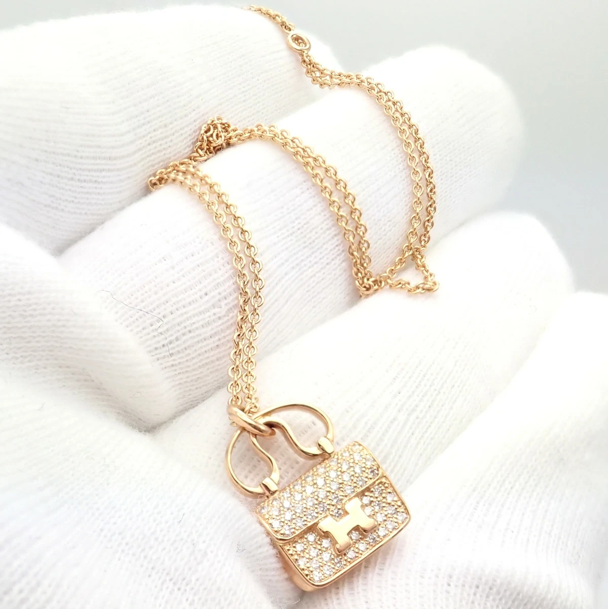 Hermes 18k Rose Gold and Diamond Birkin Amulette Pendant Necklace For Sale  at 1stDibs