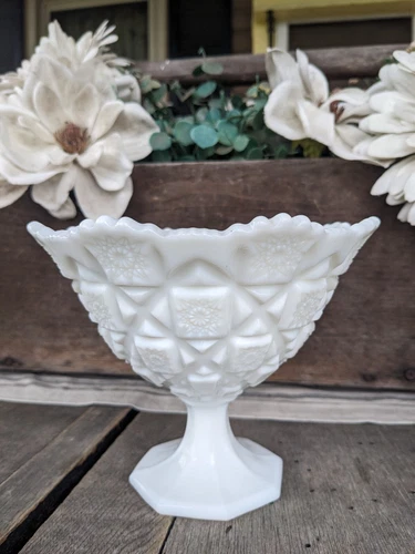Vintage Westmoreland White Milk Glass Old Quilt Candy Dish 7" Compote