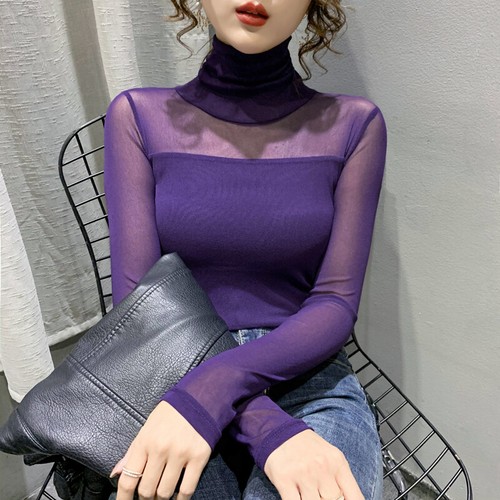 Womens Sexy Turtleneck Pullover T-Shirts Mesh Long Sleeves Slim Fit Tops Party - Picture 7 of 37