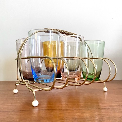 Vintage 60s MID Century HARLEQUIN Glasses TUMBLERS Gold ANODIZED Atomic CADDY