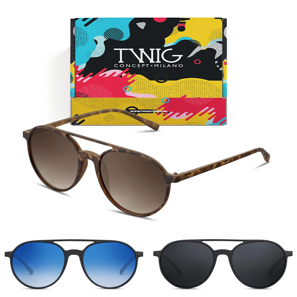 TWIG Occhiali Da Sole WOOLF Unisex Modello Vintage, Montatura In Policarbonato, Lenti UV400 Categoria 3, Confezione Originale