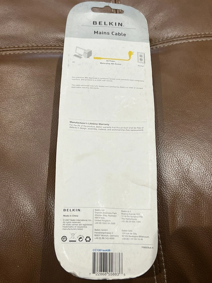 Belkin Mains Cable 1.8m Kettle End -3-Pin Plug - IEC Socket - AC Power - New - Image 2 of 4