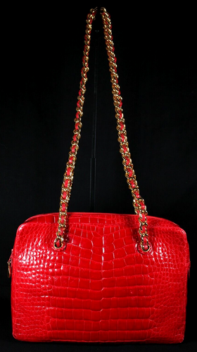 JUDITH LEIBER Vintage Scarlet Red Crocodile Skin Gold Chain Strap Shoulder Bag