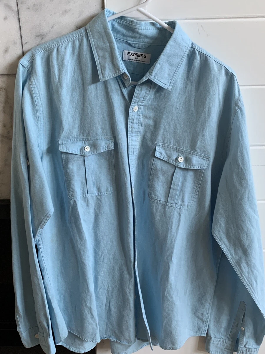 Express Men’s Long Sleeve Light Blue Linen Button Up Shirt Large L - Two Pockets