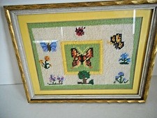 Needlepoint Picture Framed Butterflies, Flowers, Tree-1968-Original-Vintage