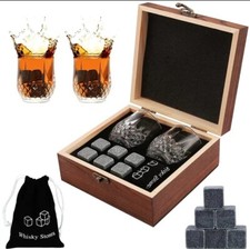 Whiskey Stone and Glass Set, 2 Whiskey Glasses, 6 Reusable Stones, Wood box