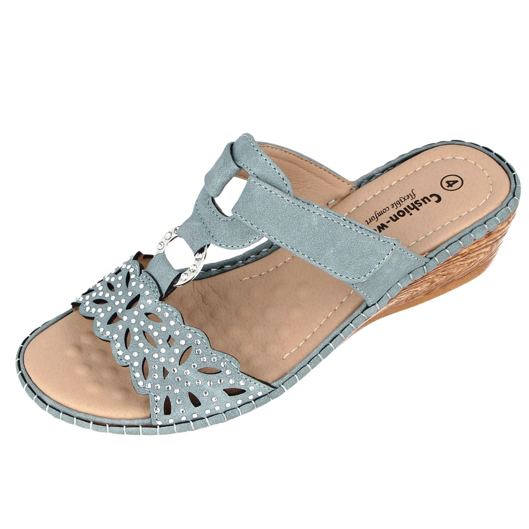 Cushion Walk Ladies Mid Wedge Sandals Tbar Slip On Mule Summer