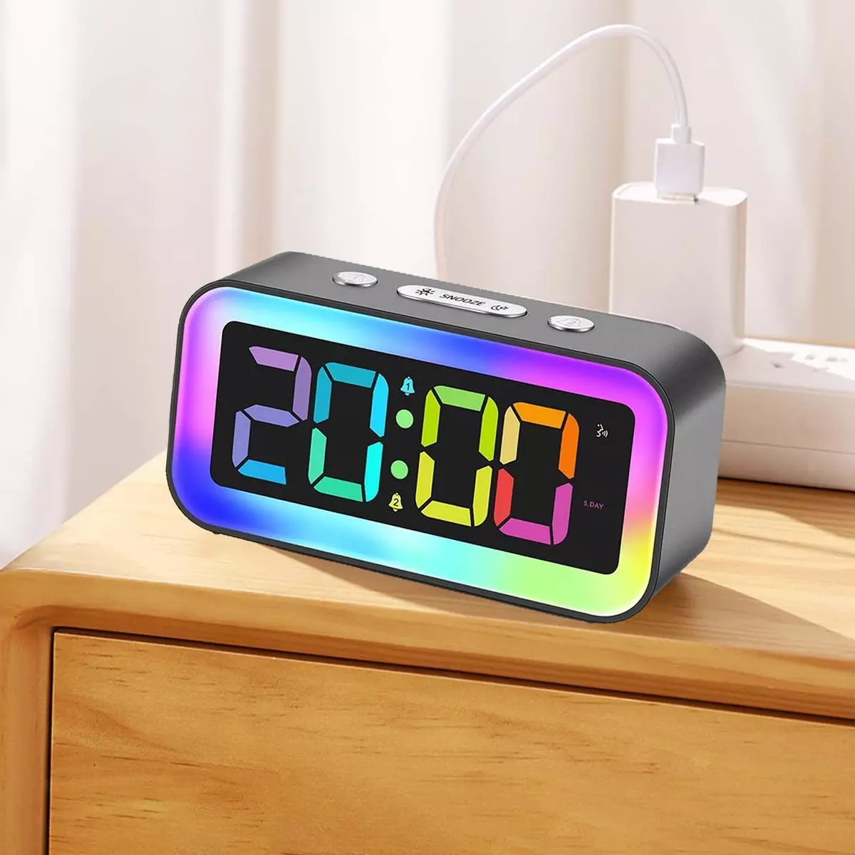 Digital Alarm Clock Bedside Desk Clock Snooze LED Clocks with Grey