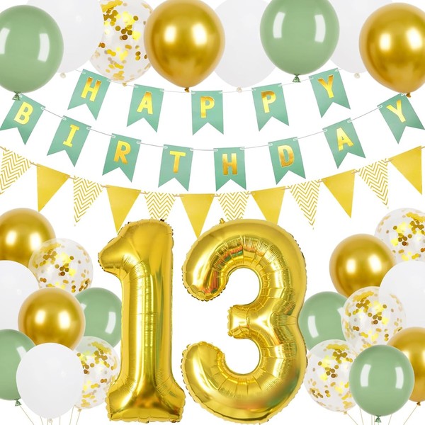 13. Geburtstag Deko Set GrüN Gold Banner Luftballons Konfetti Girlande Party-image