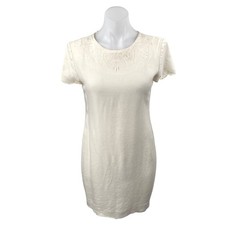 Liz Claiborne Cream White Embroidered Short Sleeve Button Mini Shift Dress Sz 8