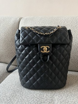 Authentic CHANEL Black Calfskin Quilted Urban Spirit Backpack in Small