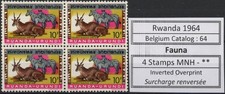 [75.036] Ruanda 1964 Wild Animals Invert ovpt Error Block 4 MNH vf stamps