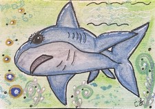 ACEO Original Painting Sissy The Shark Whimsy 2.5x3.5 Art Card Fun Silly