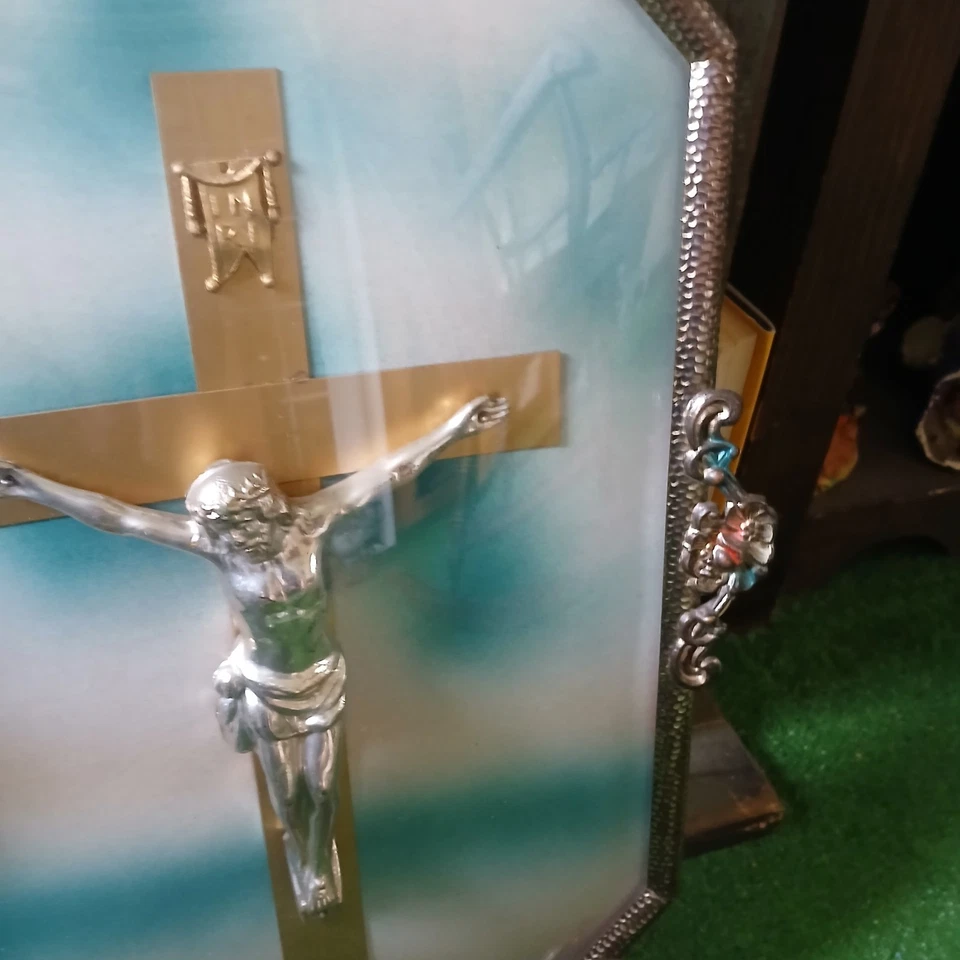 ANTIGUO VIDRIO BURBUJA CONVEXO JESÚS CRUCIFIJO 11.5" POR 19.5" IUC LEER DESCRIPCIÓN  Foto 4 de 4