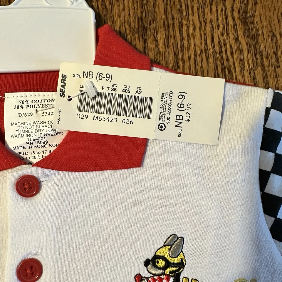 De colección Años 90 Bordado Coche de Carreras Mameluco Una Pieza Pijama a Cuadros 6-9 Meses Foto 4 de 4