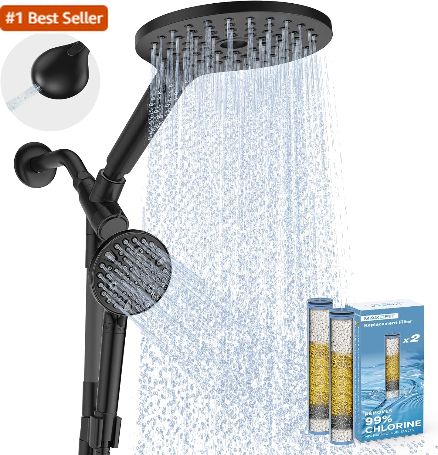 Dual Filter High Pressure Rain and Handheld Shower Head Combo with Adapter