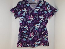 Disney Frozen Olaf Women  s Scrub Top Small V Neck Purple Multi  Chill Out  