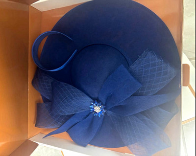 Blue Sinamay Wide Brim Fascinator Hat Bow Mesh Rhinestone Accent, One Size