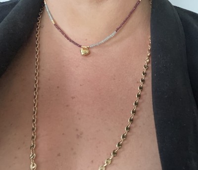 Gold 10k Multicolor Crystal Puff Heart Charm Chocker Necklace