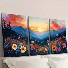 3pcs Romantic Wildflower Meadow Sunset Wall Art Canvas Framed 50x70cm