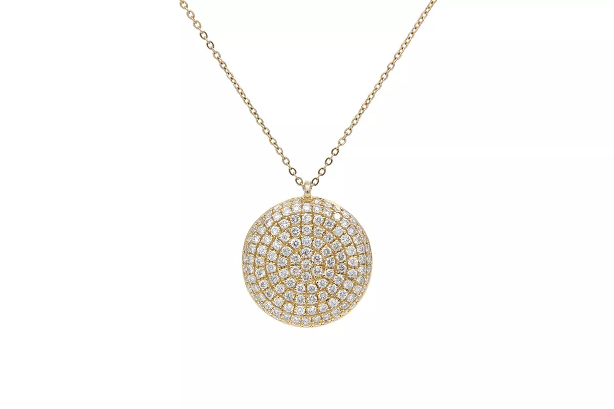 14k Yellow Gold Micro Pave Diamond Puffy Disk Pendant Necklace