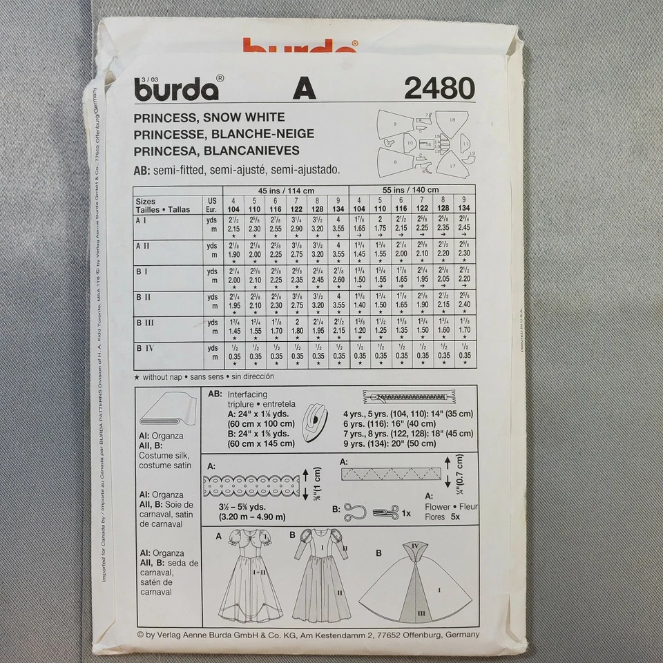 Burda Pattern 2480 Girls Costume Snow White 2 Dresses Cape Sz 4 - 9 UNCUT - Image 3 of 4