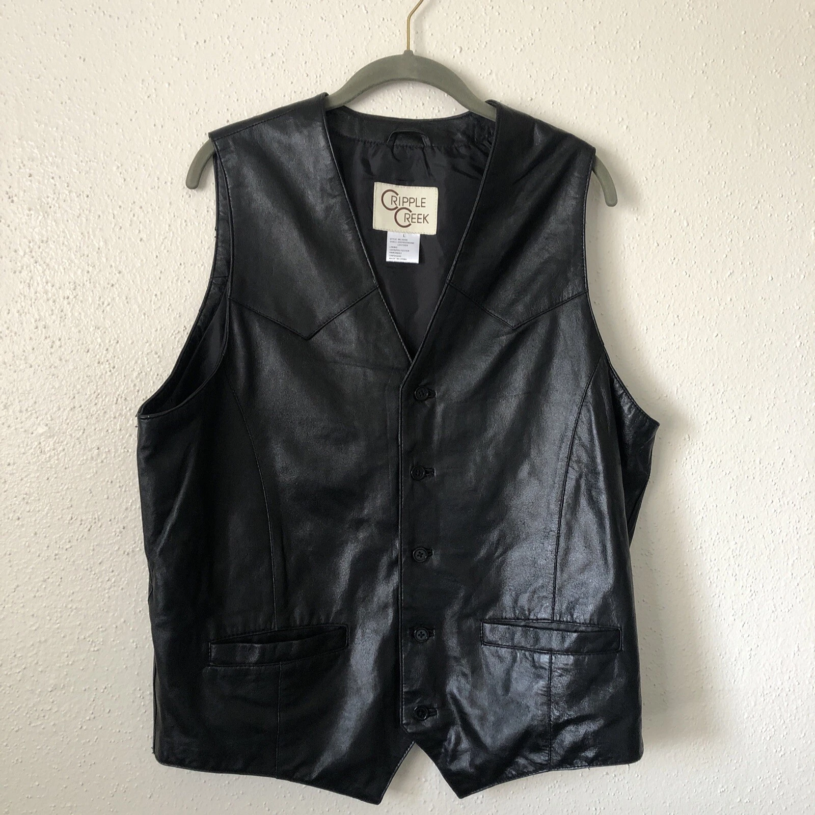 Cripple Creek Mens Leather Vest LARGE Black Button Front Lined Motorcycle