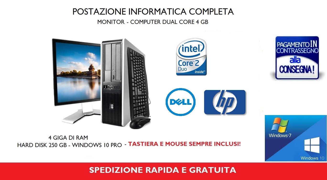 PC Computer Fisso Completo di Monitor 19" Dual Core 2.40 Ghz 8 GB 250 GB Win 10